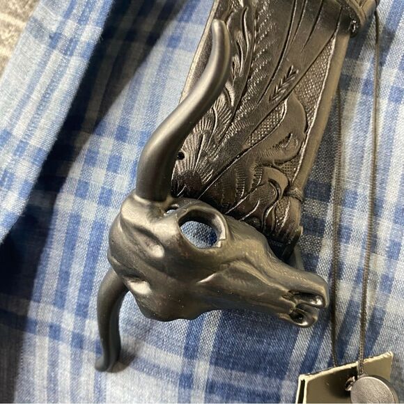 Ralph Lauren NWT 2012 Steer-Head Skull Black Calf Leather Western Tooled Belt - Picture 1 of 8
